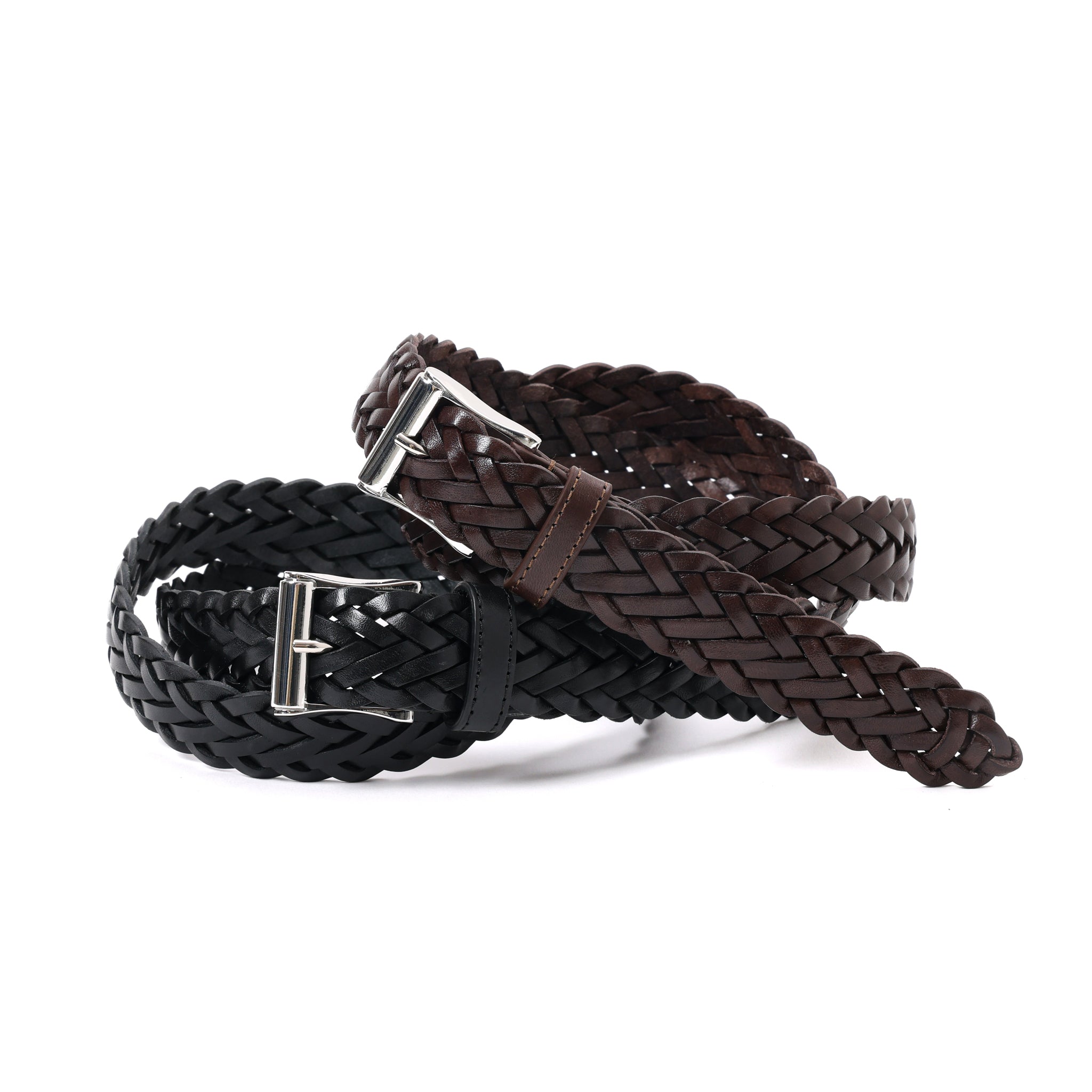 HAND-BRAIDED / COMPACT SQUAR BUCKLE MESH LEATHER BELT