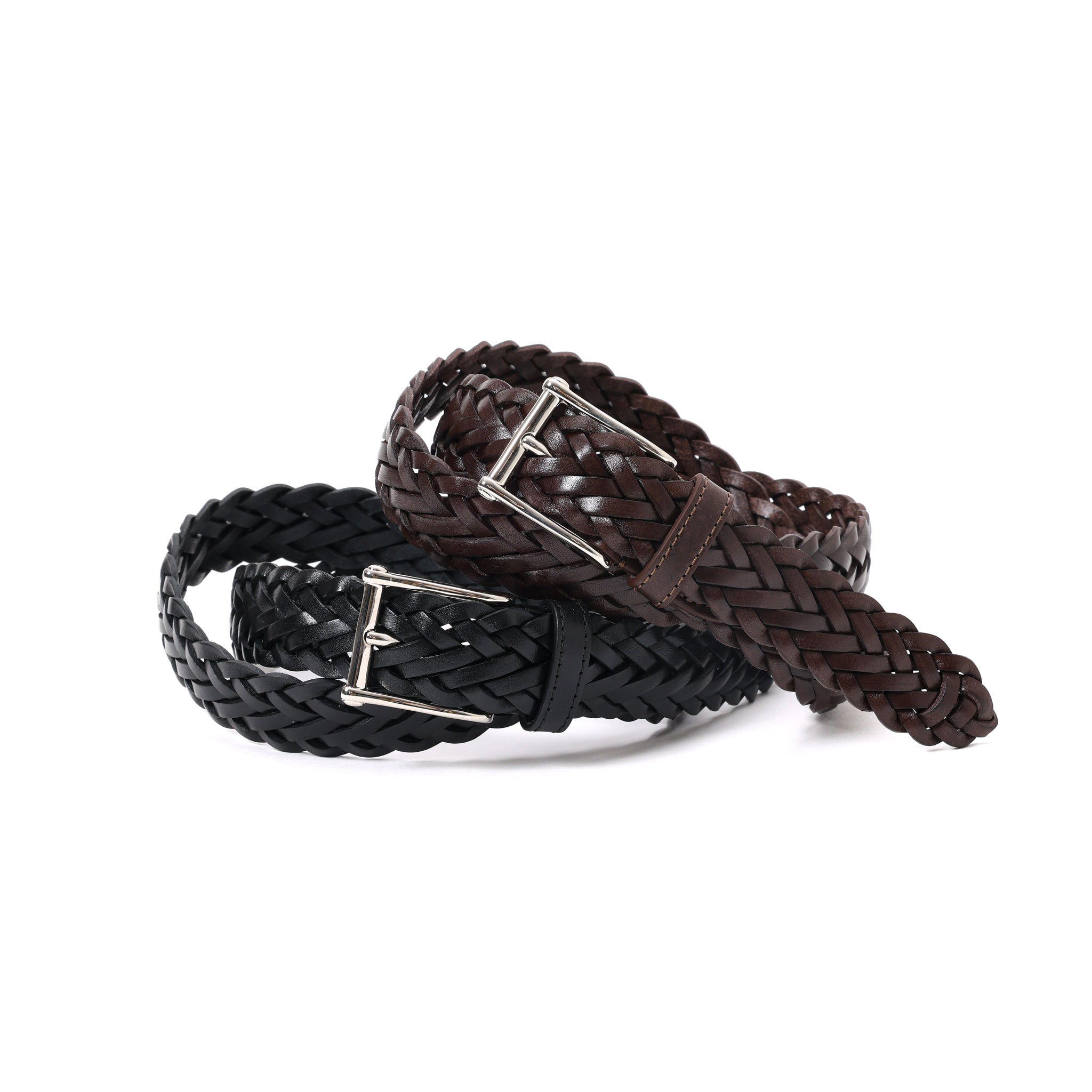 HAND-BRAIDED / ACCENTED SQUAR BUCKLE MESH LEATHER BELT