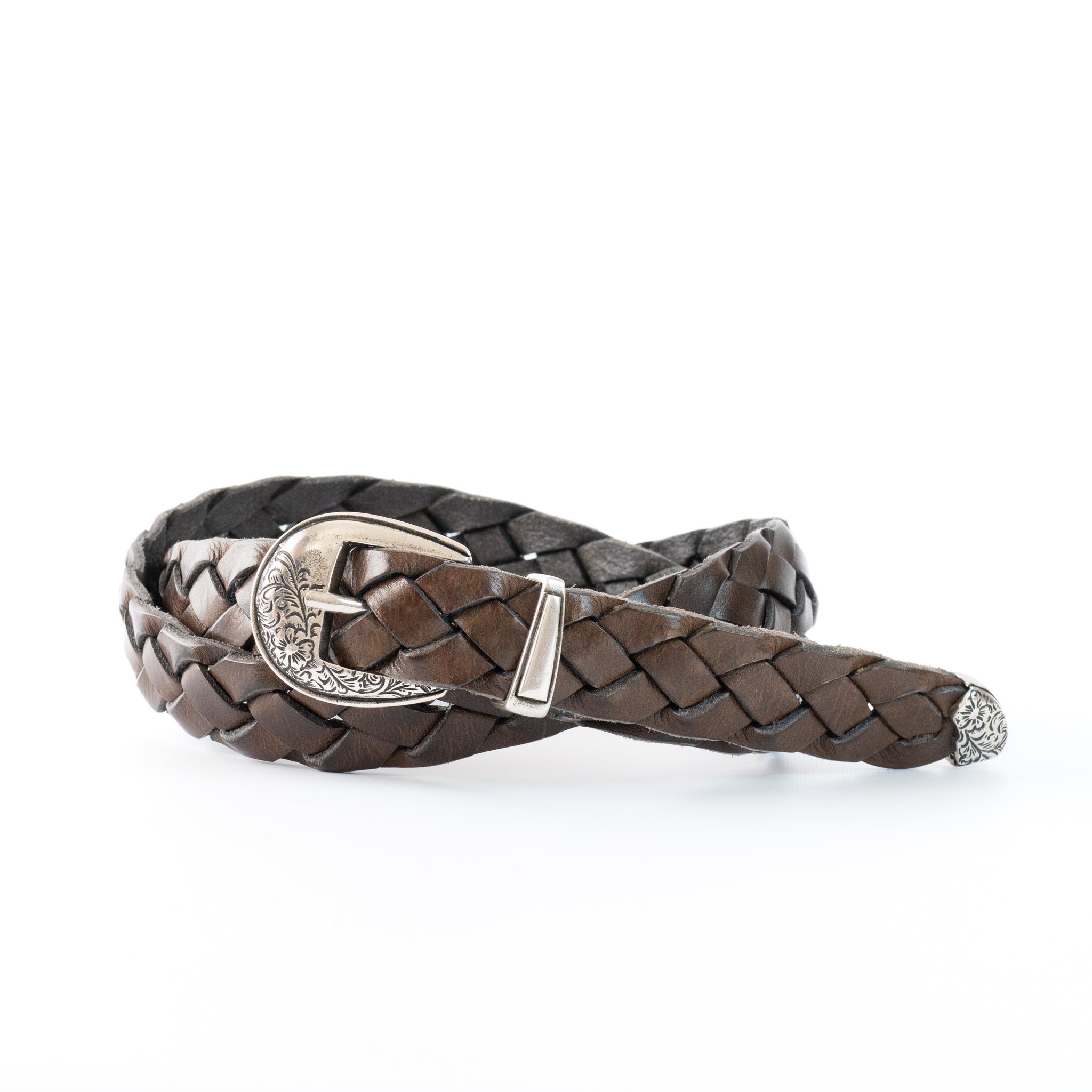 leather western mesh belt / SILVER BUCKLE