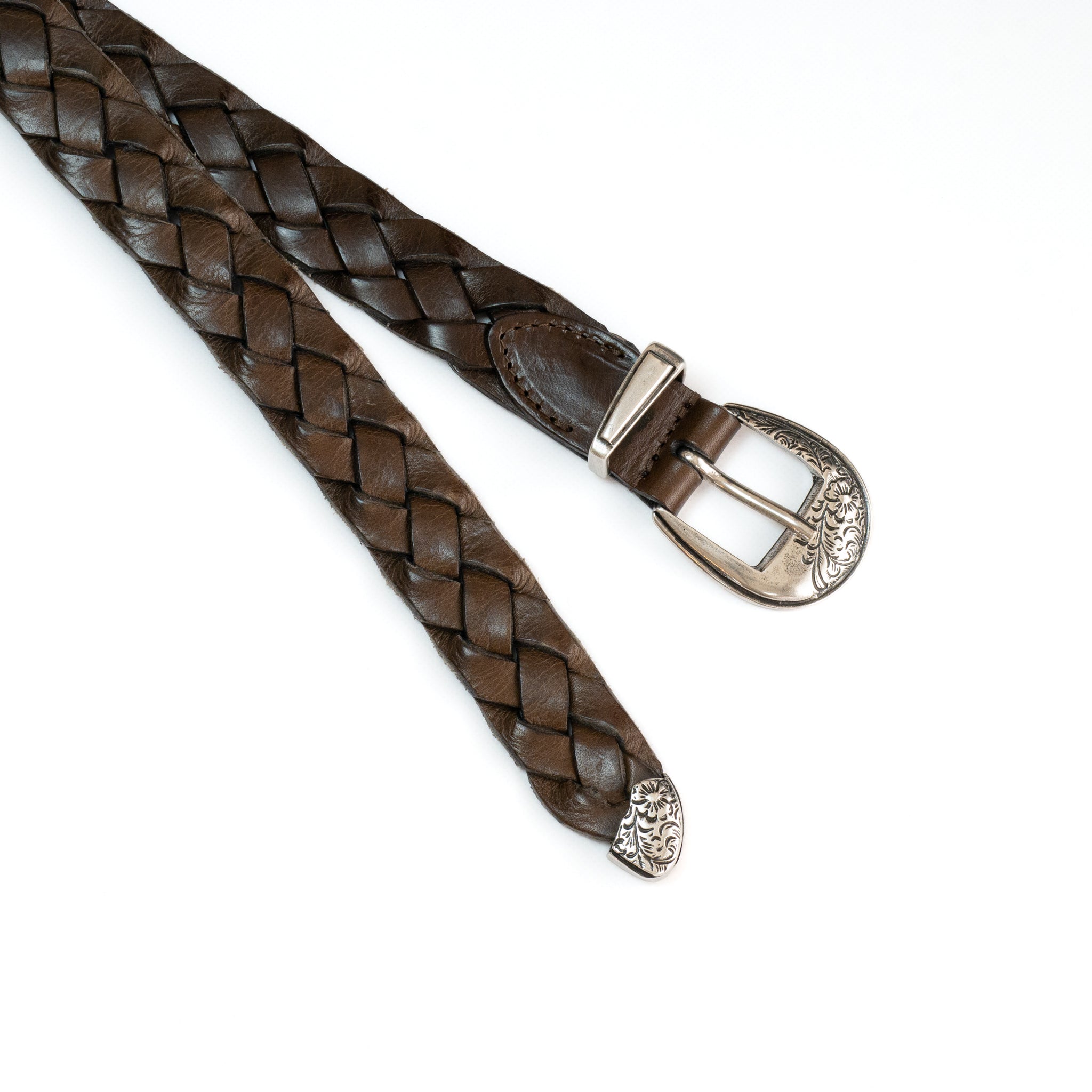 leather western mesh belt / SILVER BUCKLE