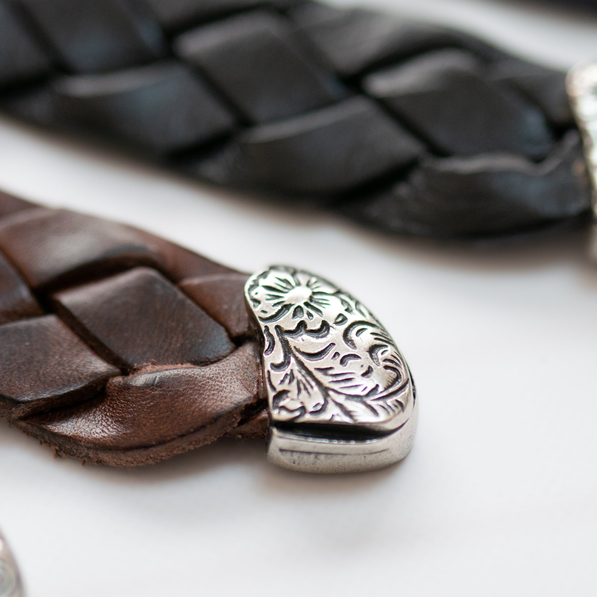 leather western mesh belt / SILVER BUCKLE