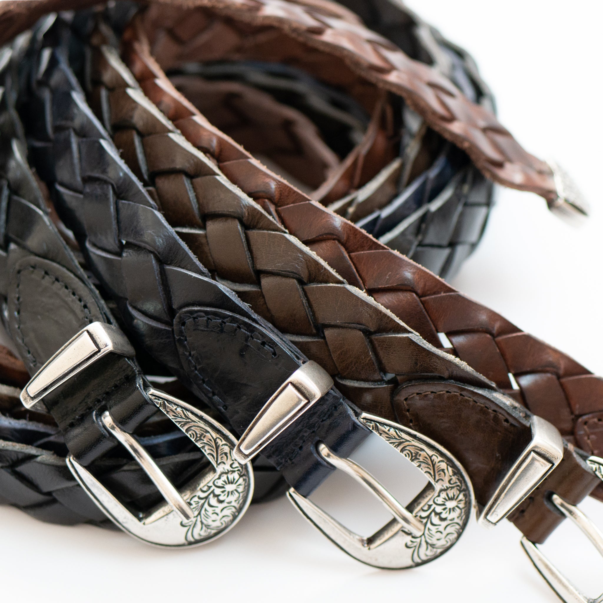 leather western mesh belt / SILVER BUCKLE
