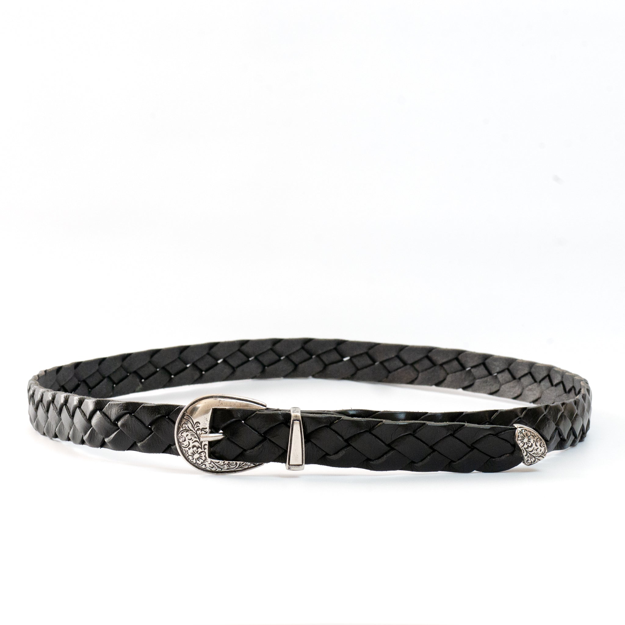 leather western mesh belt / SILVER BUCKLE