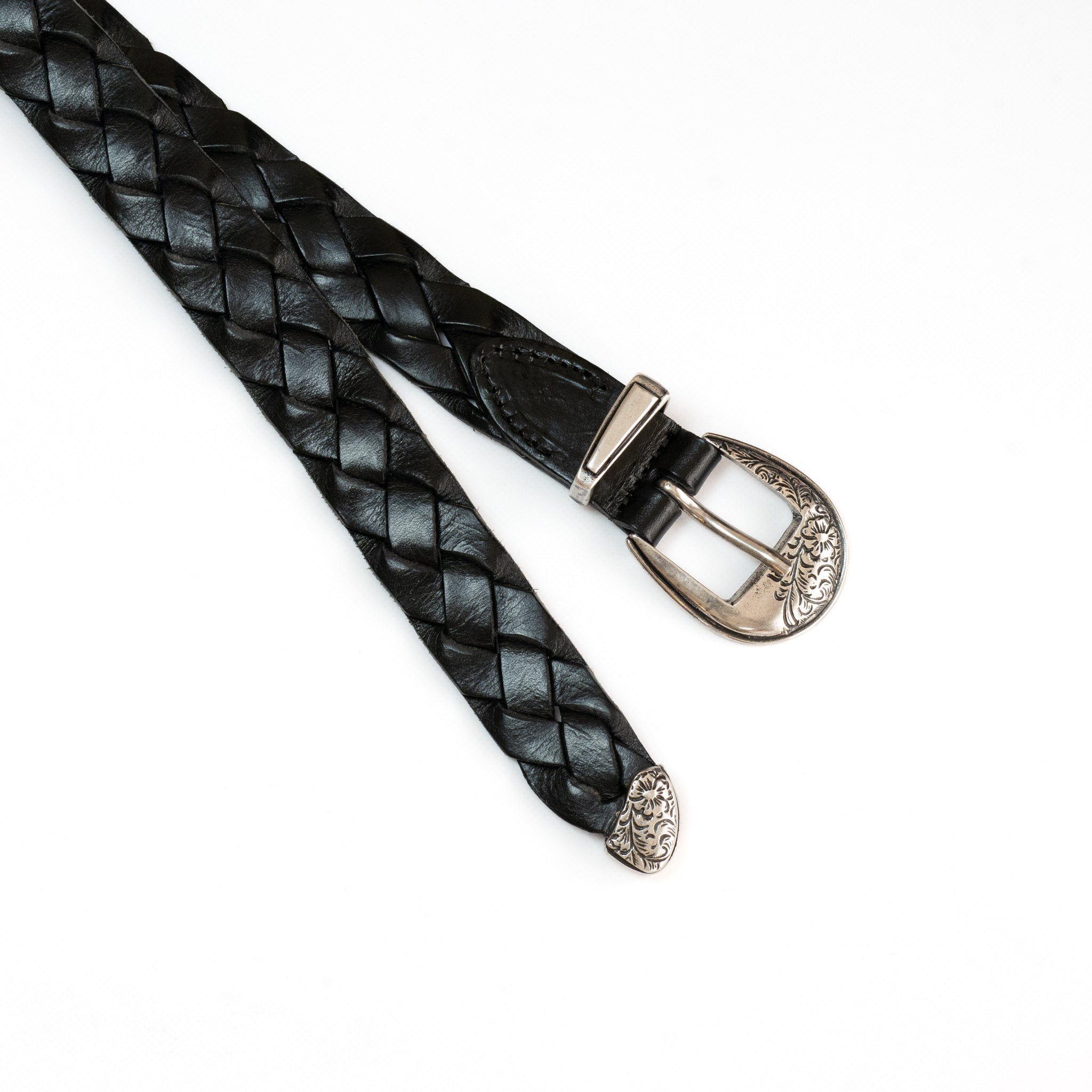leather western mesh belt / SILVER BUCKLE