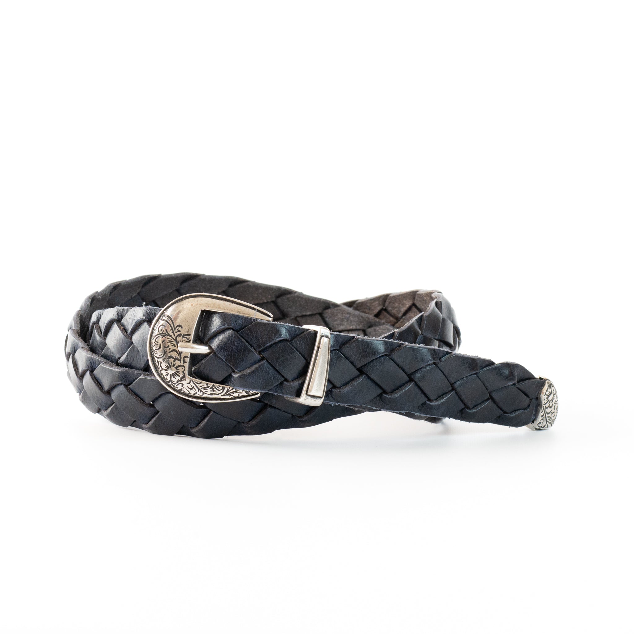 leather western mesh belt / SILVER BUCKLE