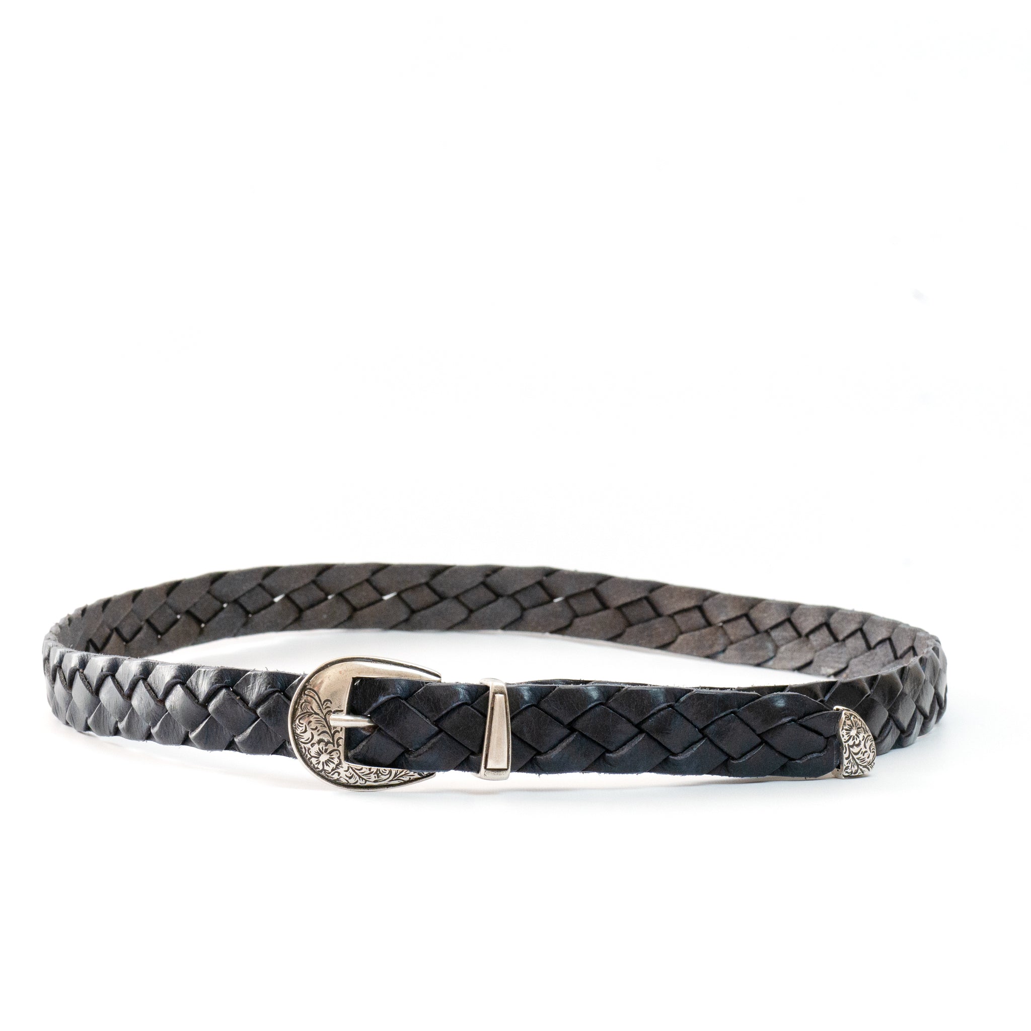 leather western mesh belt / SILVER BUCKLE