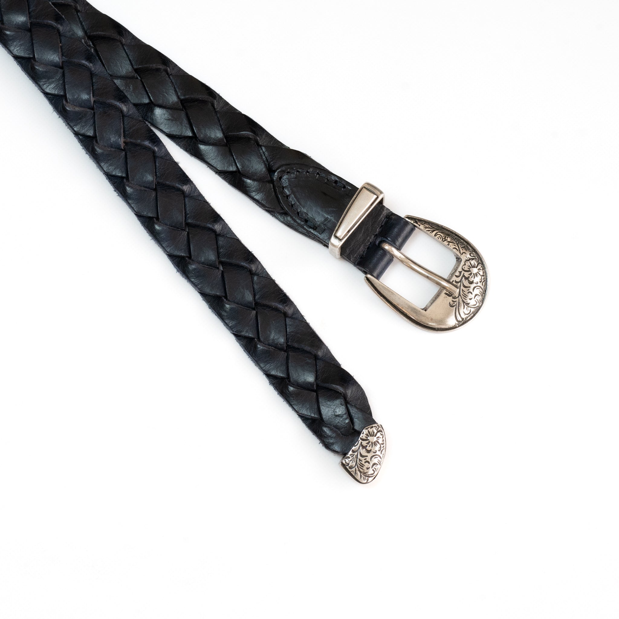 leather western mesh belt / SILVER BUCKLE