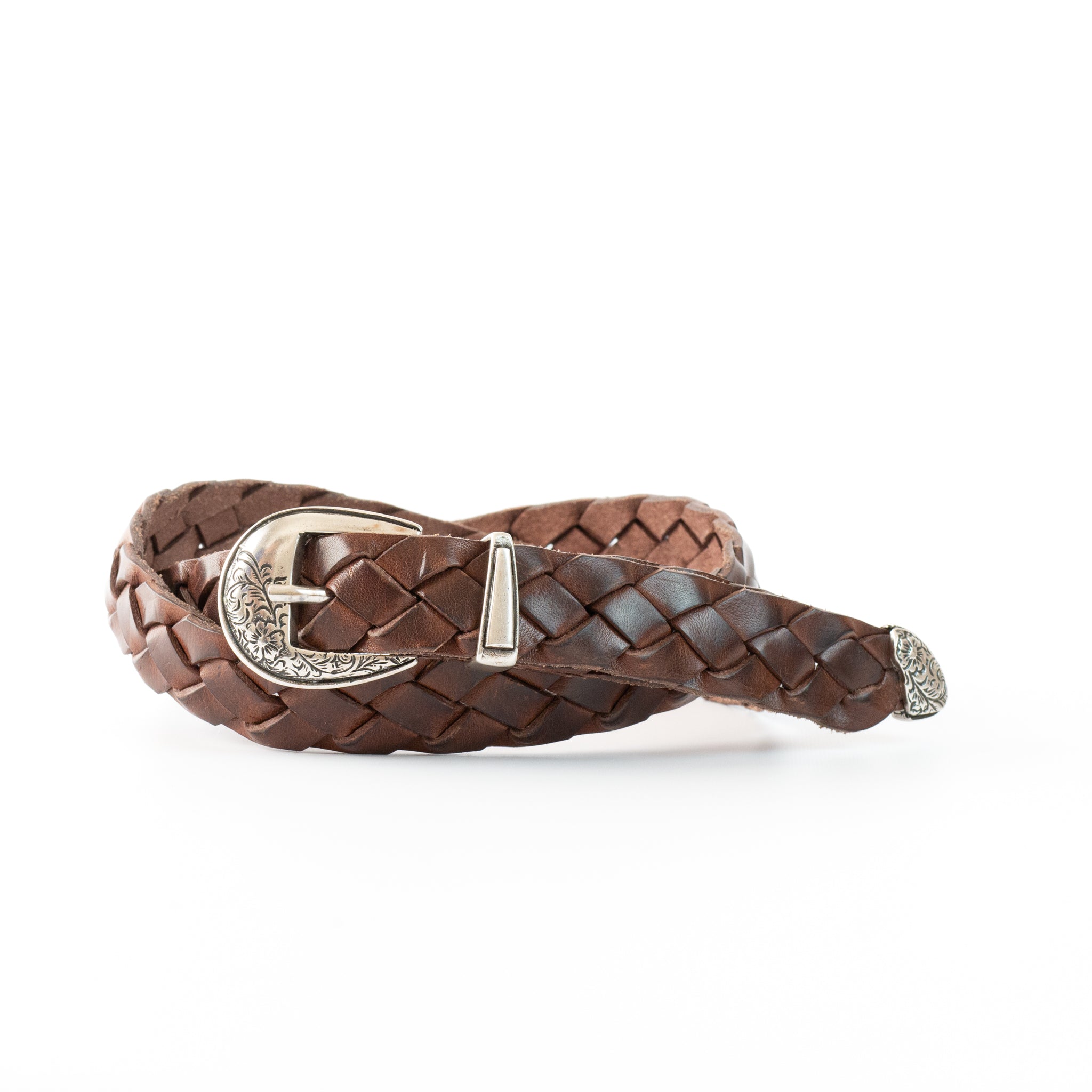 leather western mesh belt / SILVER BUCKLE