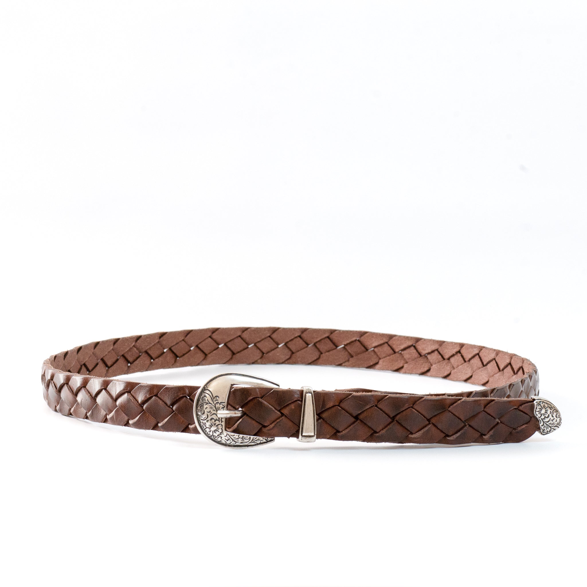 leather western mesh belt / SILVER BUCKLE