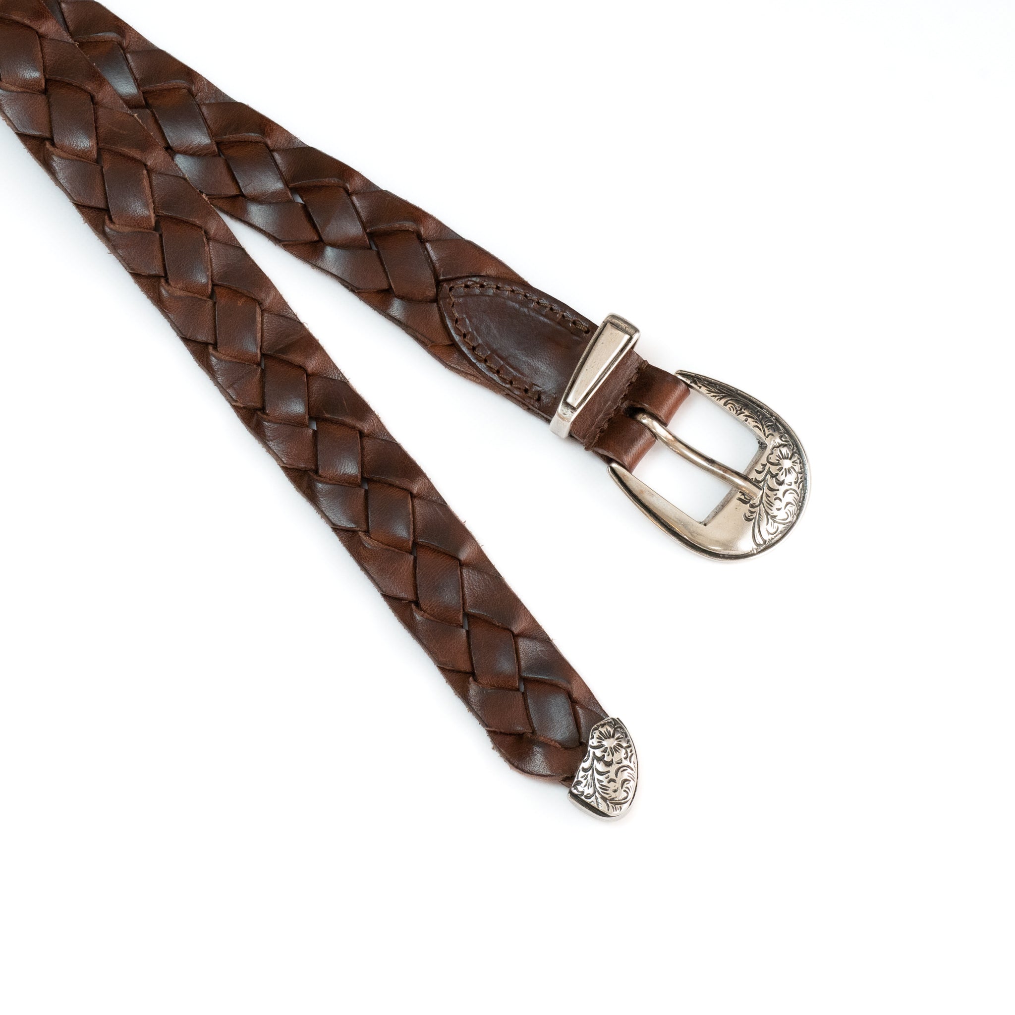 leather western mesh belt / SILVER BUCKLE