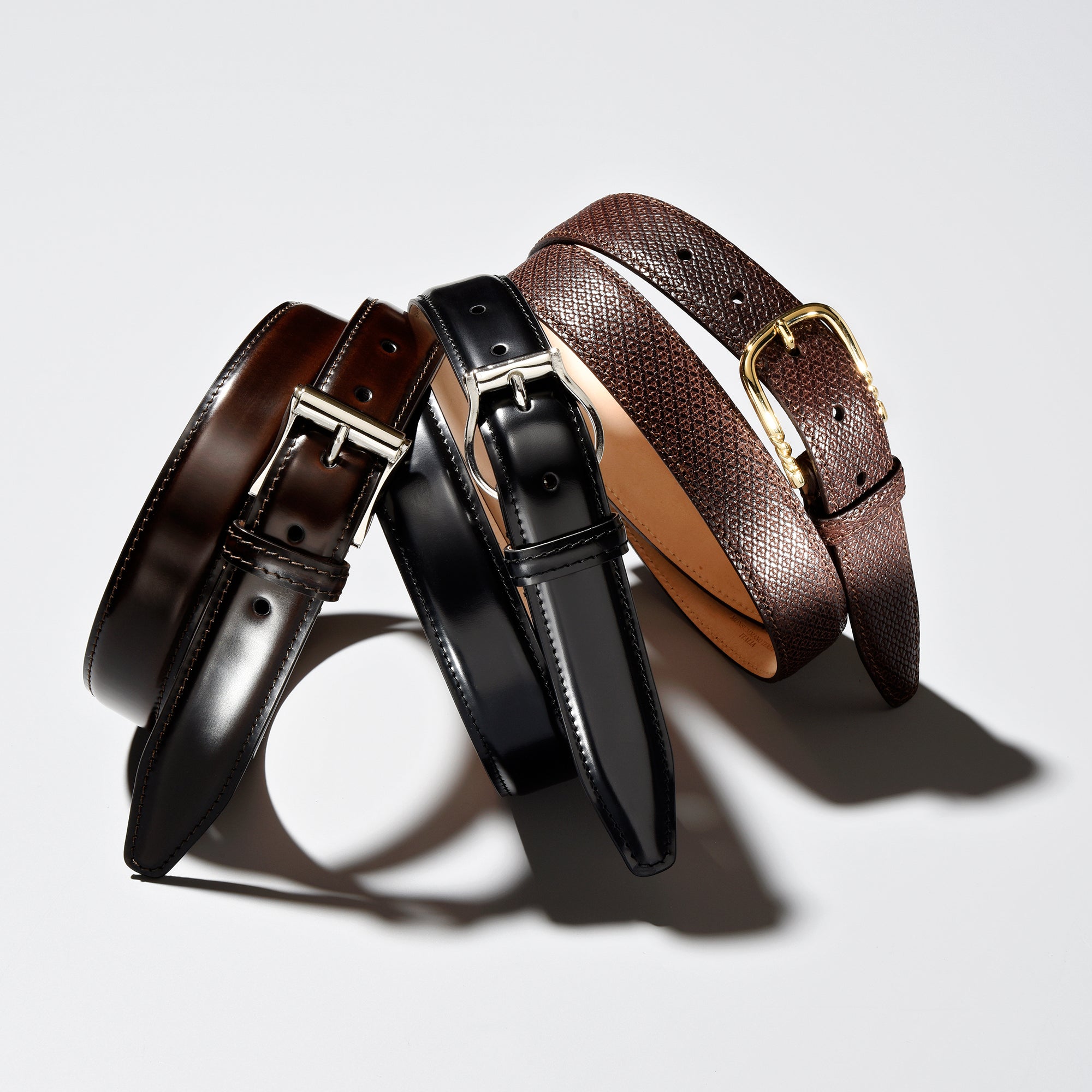 square buckle corrected grain leather belt