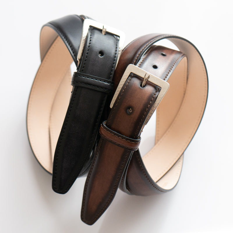 WAVE PATTERN SQUARE BUCKLE CALF LEATHER BELT