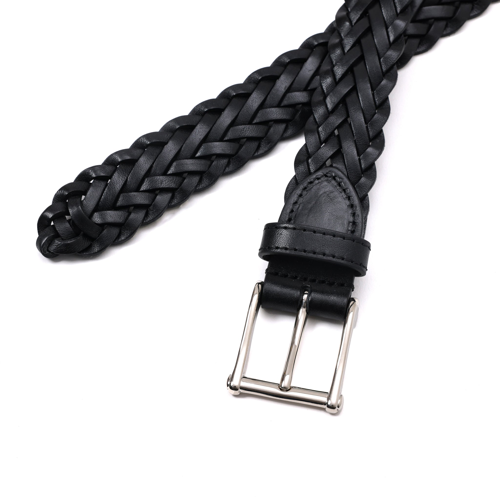 HAND-BRAIDED / ACCENTED SQUAR BUCKLE MESH LEATHER BELT