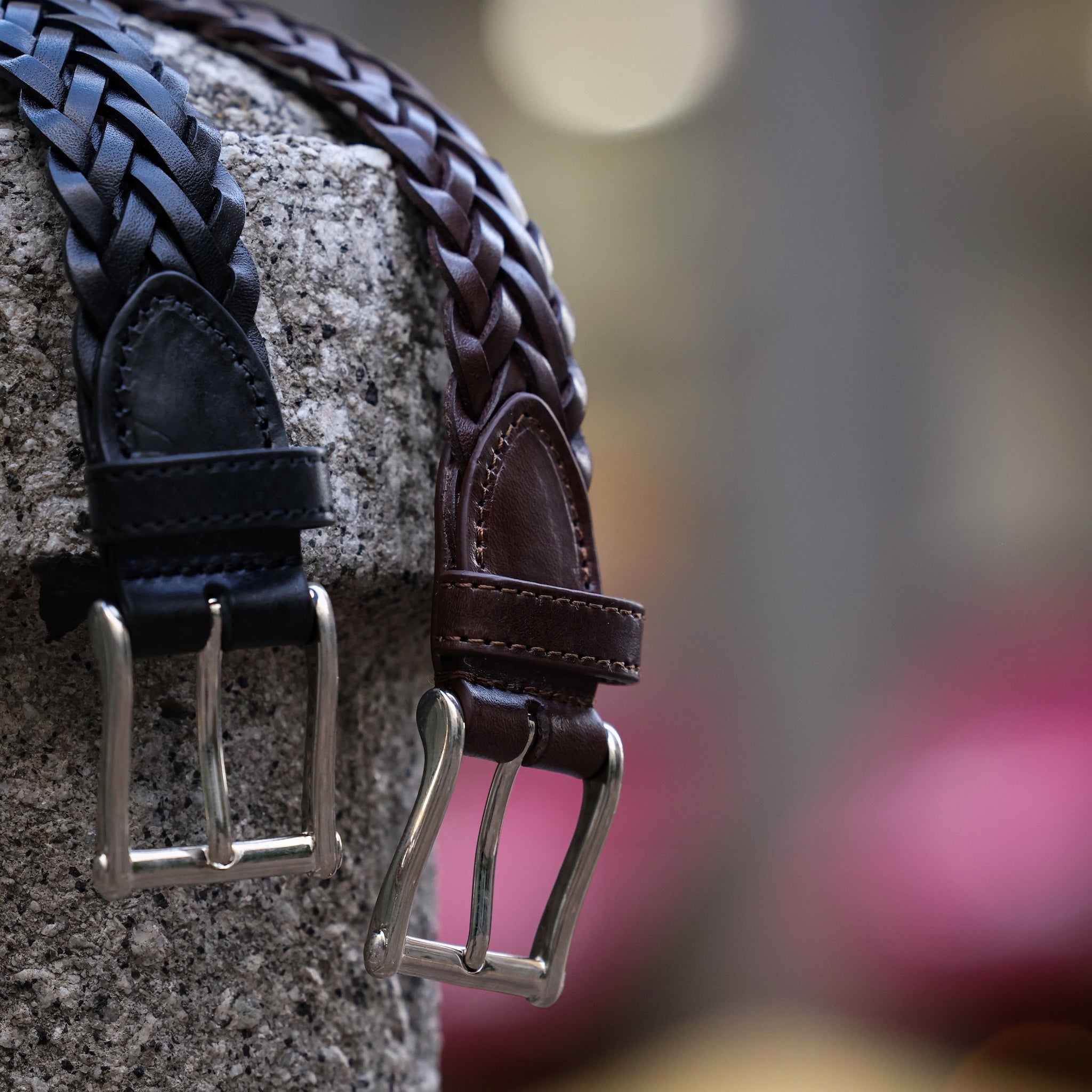 HAND-BRAIDED / ACCENTED SQUAR BUCKLE MESH LEATHER BELT