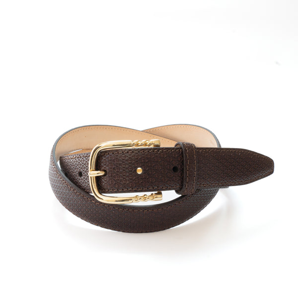 SPIRAL BUCKLE TWILL PATTERN EMBOSSED LEATHER BELT / GOLD BUCKLE